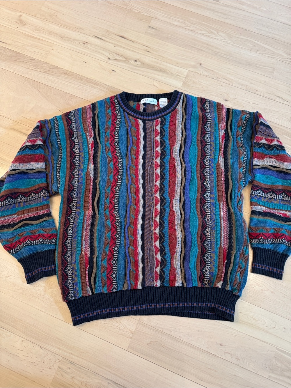 Vintage 90s Coogi Style Crew Neck Sweater Cable Ribbed Knit Colorful Dad SZ L